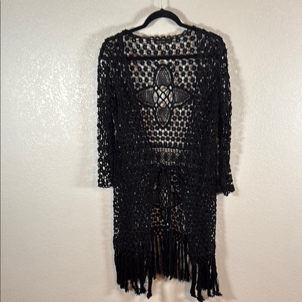 Origami by Vivien Black Floral Crochet Long Line Kimono Cardigan Size Medium